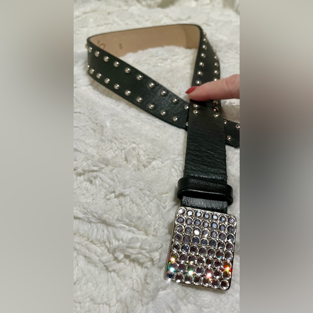 Vintage CACHE Black Leather Silver Studded Crystal  Belt Swarovski Buckle NWOT